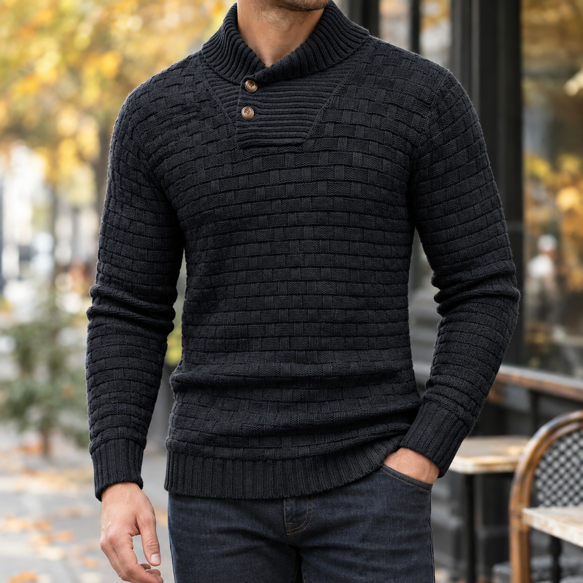 Basketweave Knit Shawl Collar Sweater