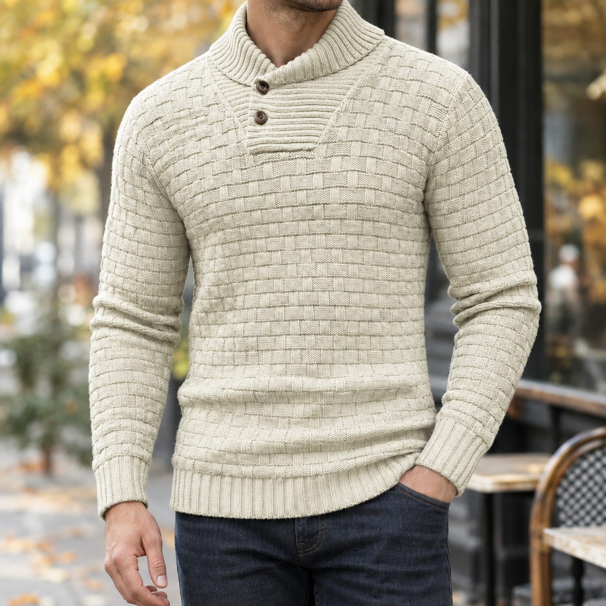 Basketweave Knit Shawl Collar Sweater