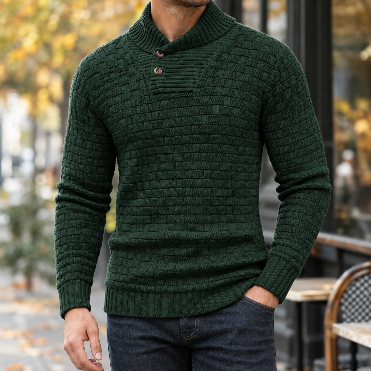 Basketweave Knit Shawl Collar Sweater