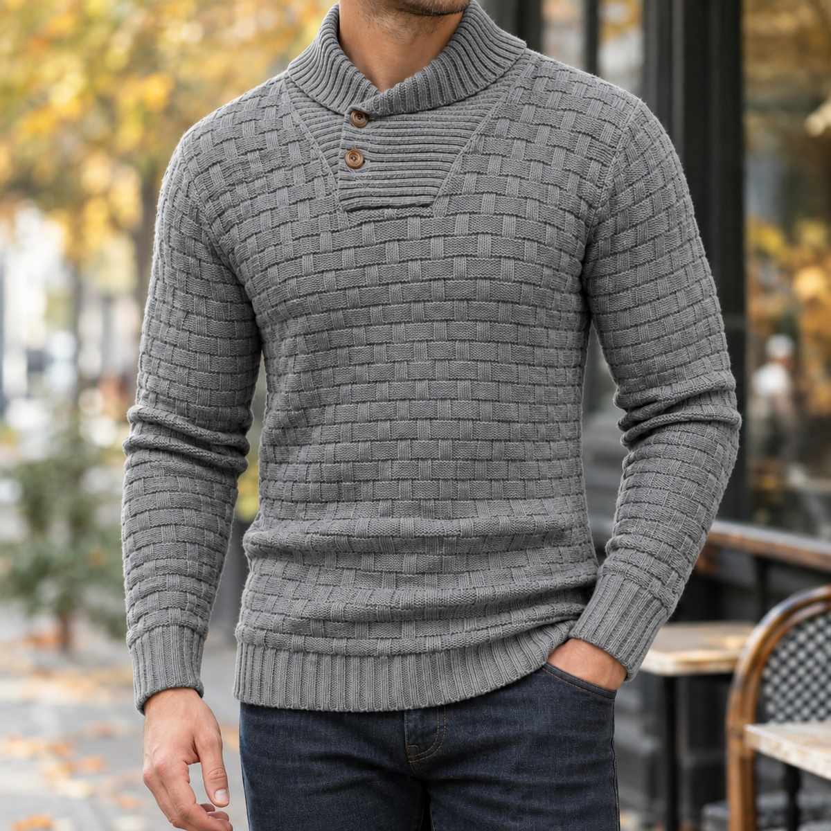 Basketweave Knit Shawl Collar Sweater