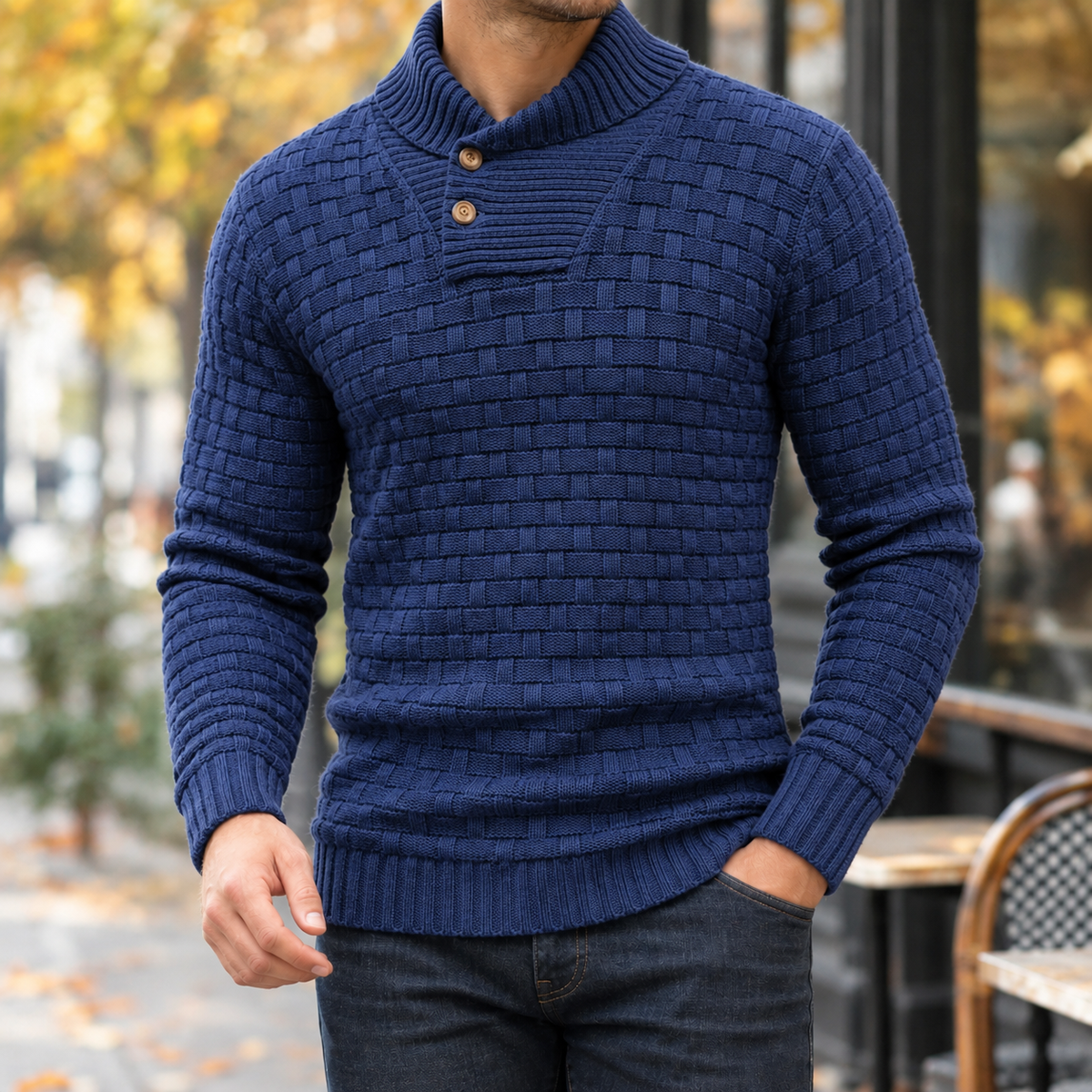 Basketweave Knit Shawl Collar Sweater