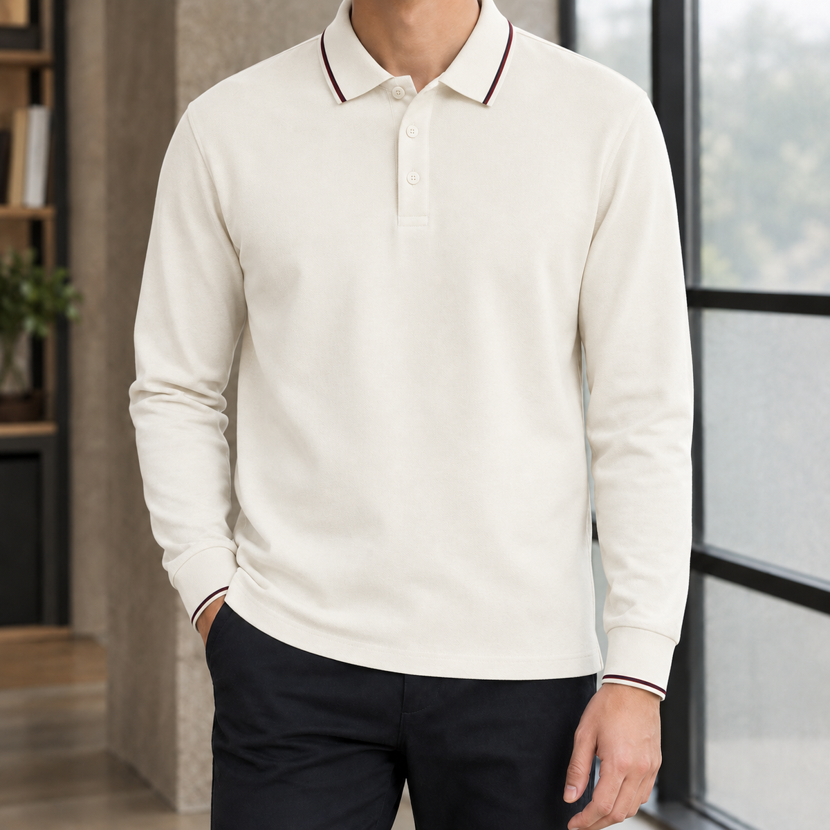 Cotton Blend Tipped Collar Long Sleeve Polo