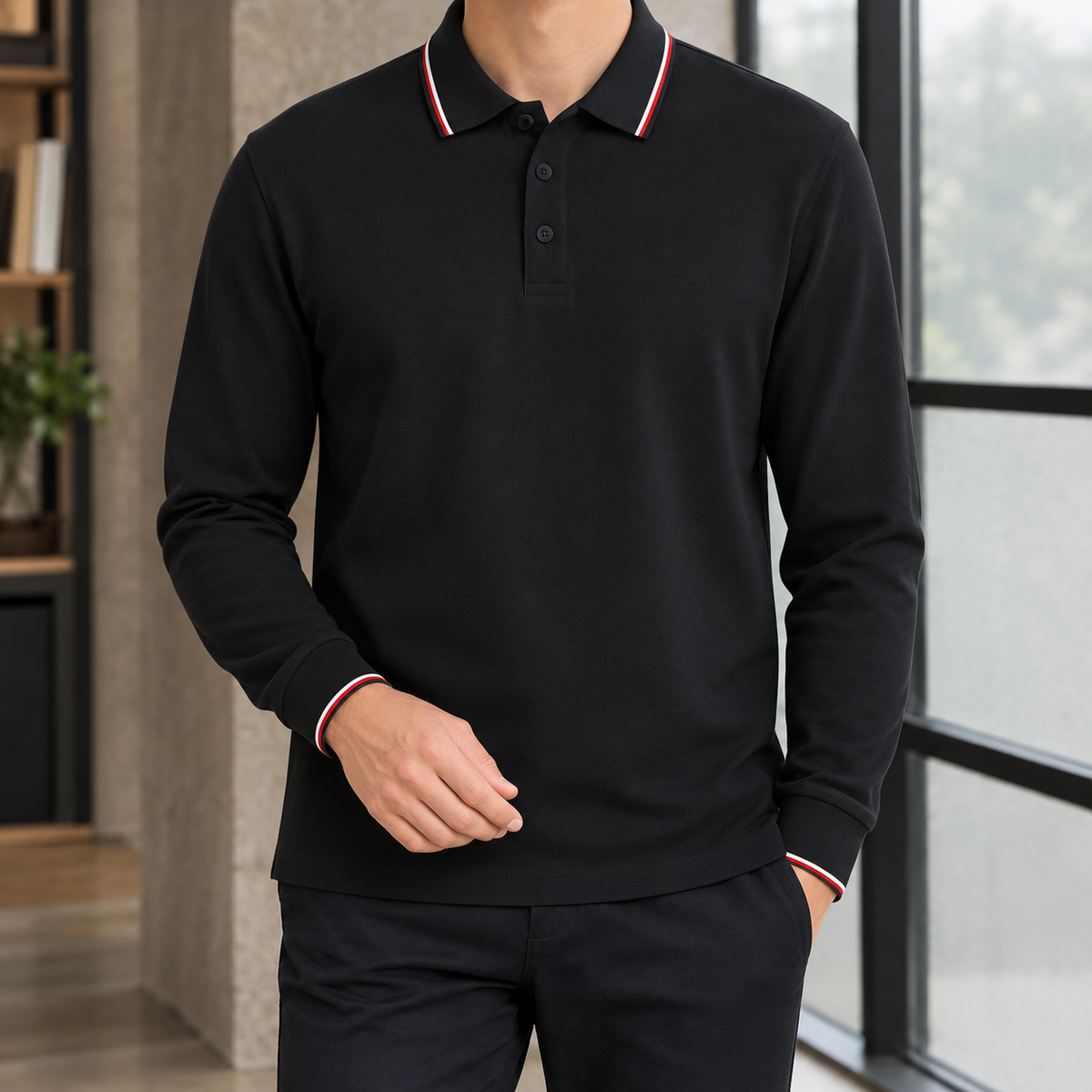 Cotton Blend Tipped Collar Long Sleeve Polo