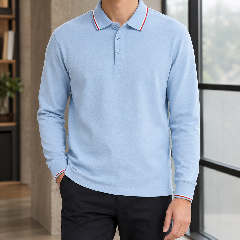 Cotton Blend Tipped Collar Long Sleeve Polo
