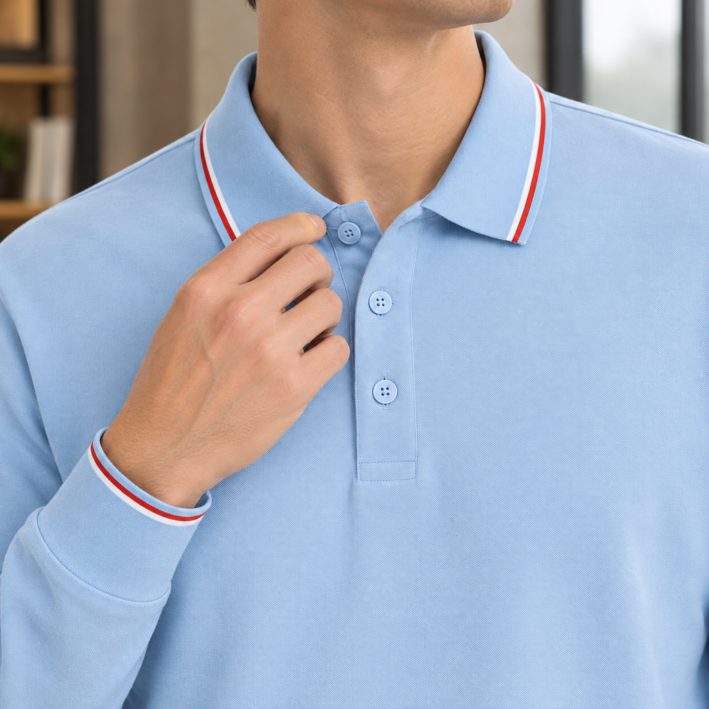 Cotton Blend Tipped Collar Long Sleeve Polo