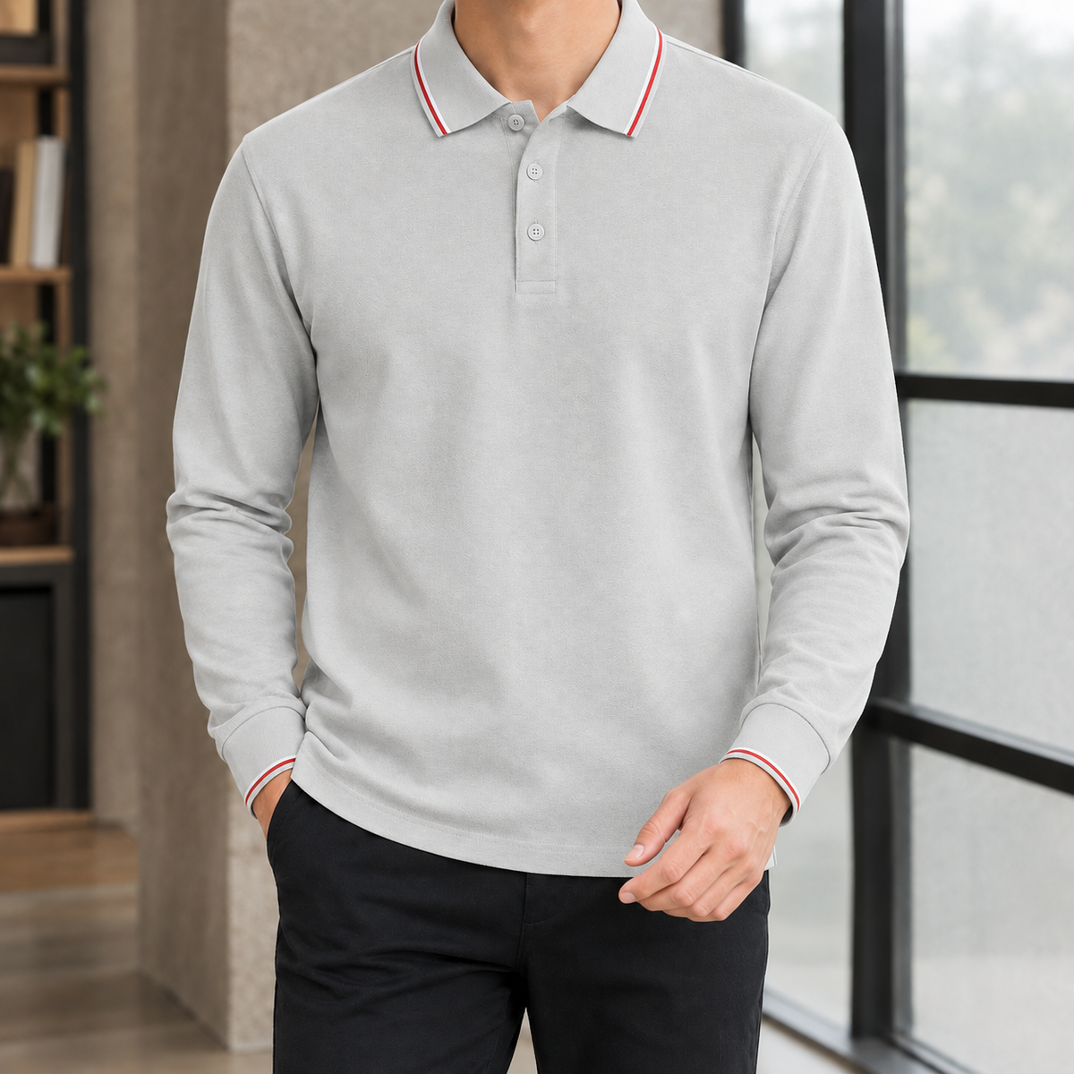 Cotton Blend Tipped Collar Long Sleeve Polo