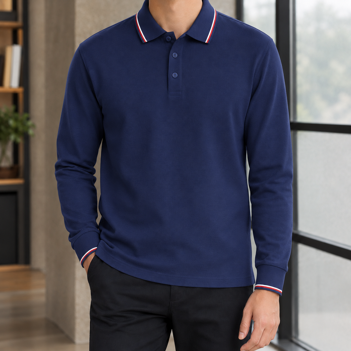 Cotton Blend Tipped Collar Long Sleeve Polo