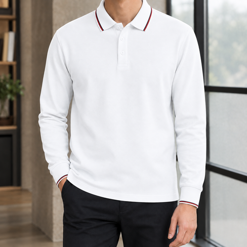 Cotton Blend Tipped Collar Long Sleeve Polo