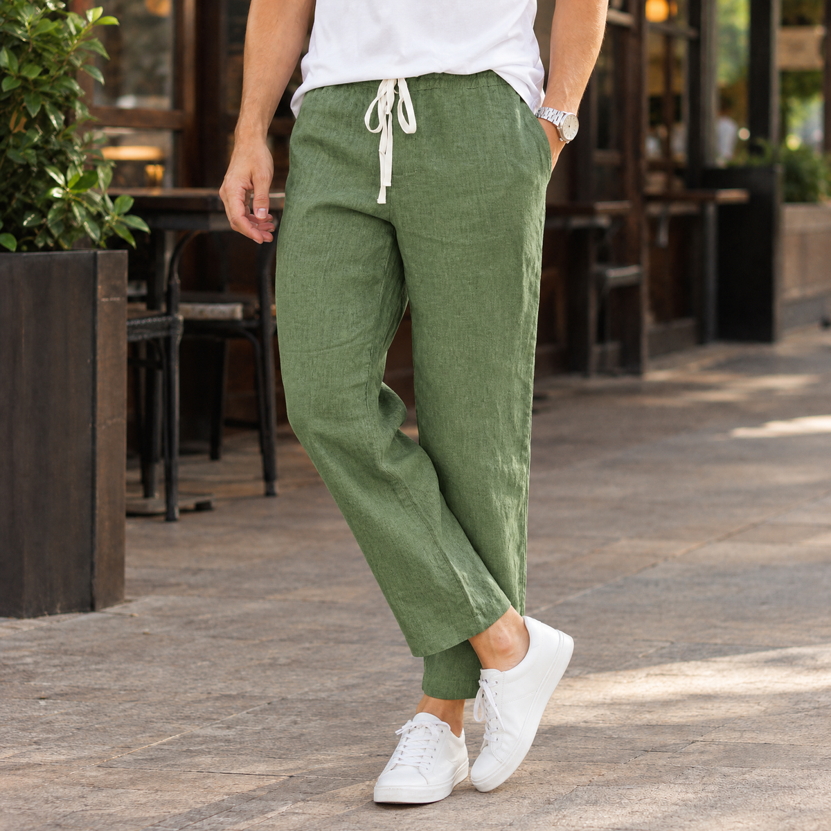 Cotton Linen Blend Relaxed Drawstring Pants