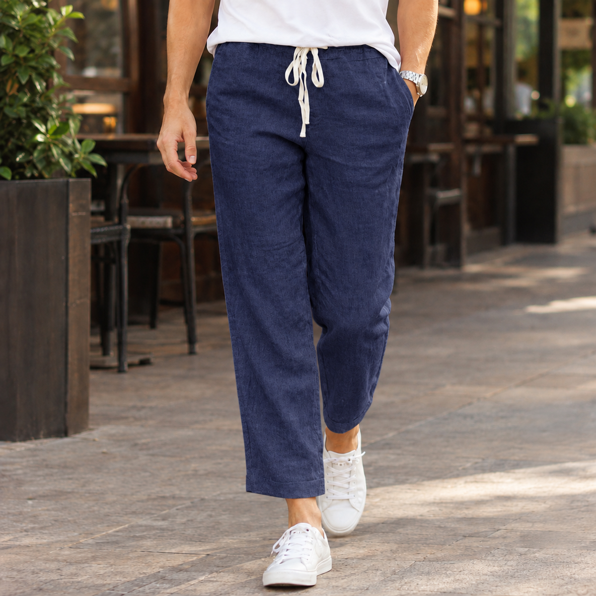 Cotton Linen Blend Relaxed Drawstring Pants