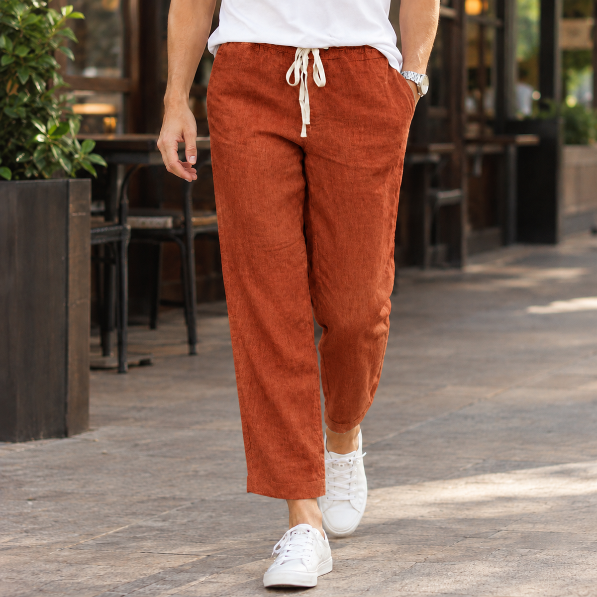 Cotton Linen Blend Relaxed Drawstring Pants
