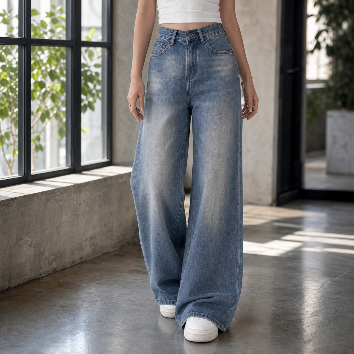 High Rise Faded Wide Leg Jeans