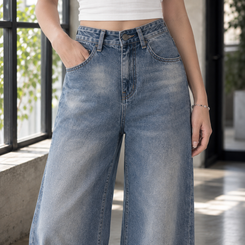High Rise Faded Wide Leg Jeans