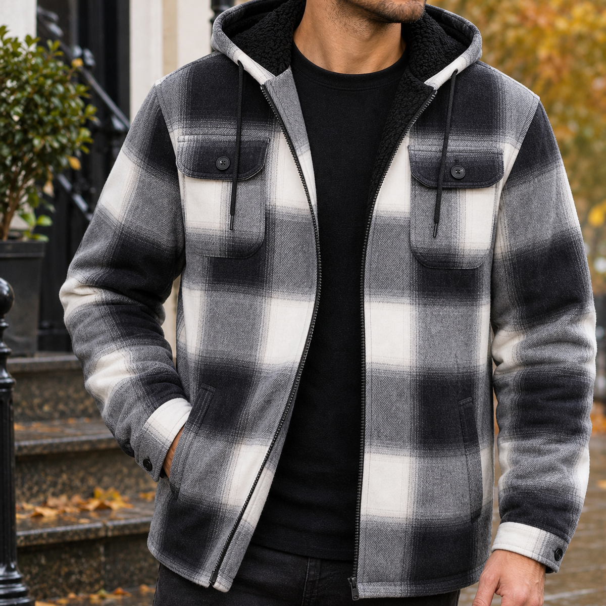 Hooded Fleece Lined Plaid Shirt Jacket