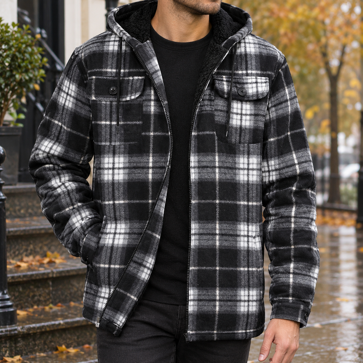 Hooded Fleece Lined Plaid Shirt Jacket