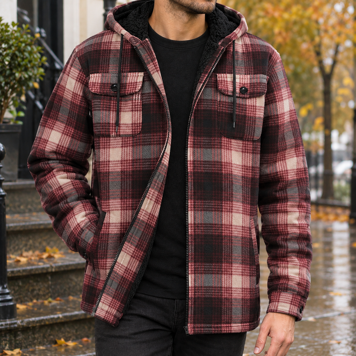 Hooded Fleece Lined Plaid Shirt Jacket