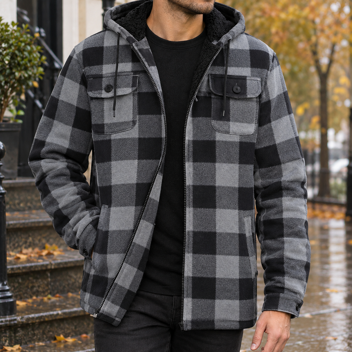 Hooded Fleece Lined Plaid Shirt Jacket
