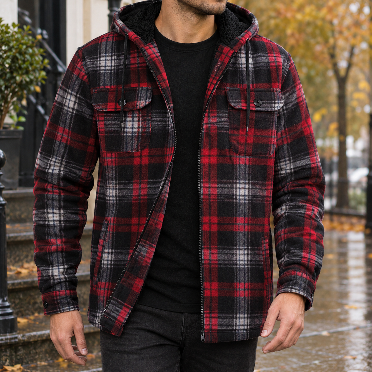 Hooded Fleece Lined Plaid Shirt Jacket