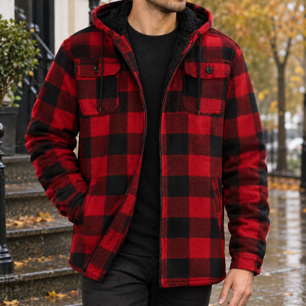 Hooded Fleece Lined Plaid Shirt Jacket