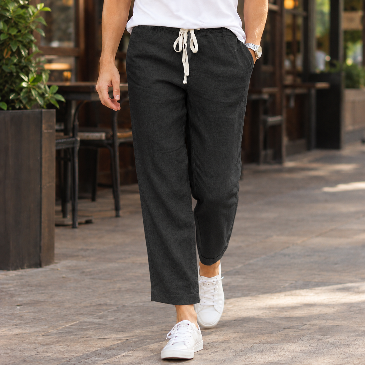 Cotton Linen Blend Relaxed Drawstring Pants