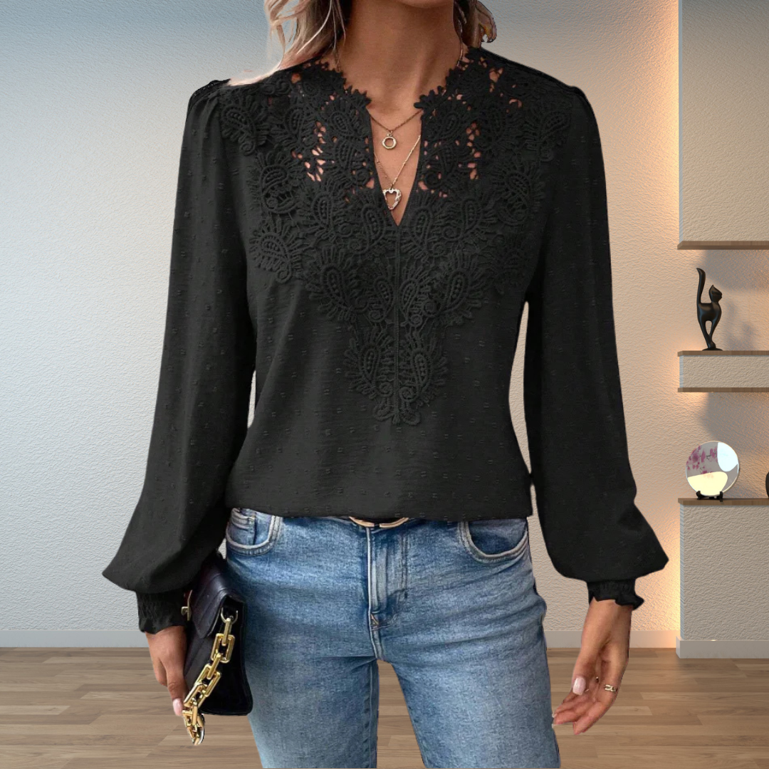 Lace Yoke Balloon Sleeve V Neck Blouse