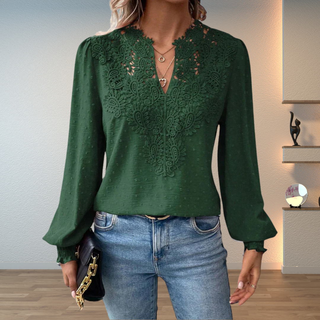 Lace Yoke Balloon Sleeve V Neck Blouse