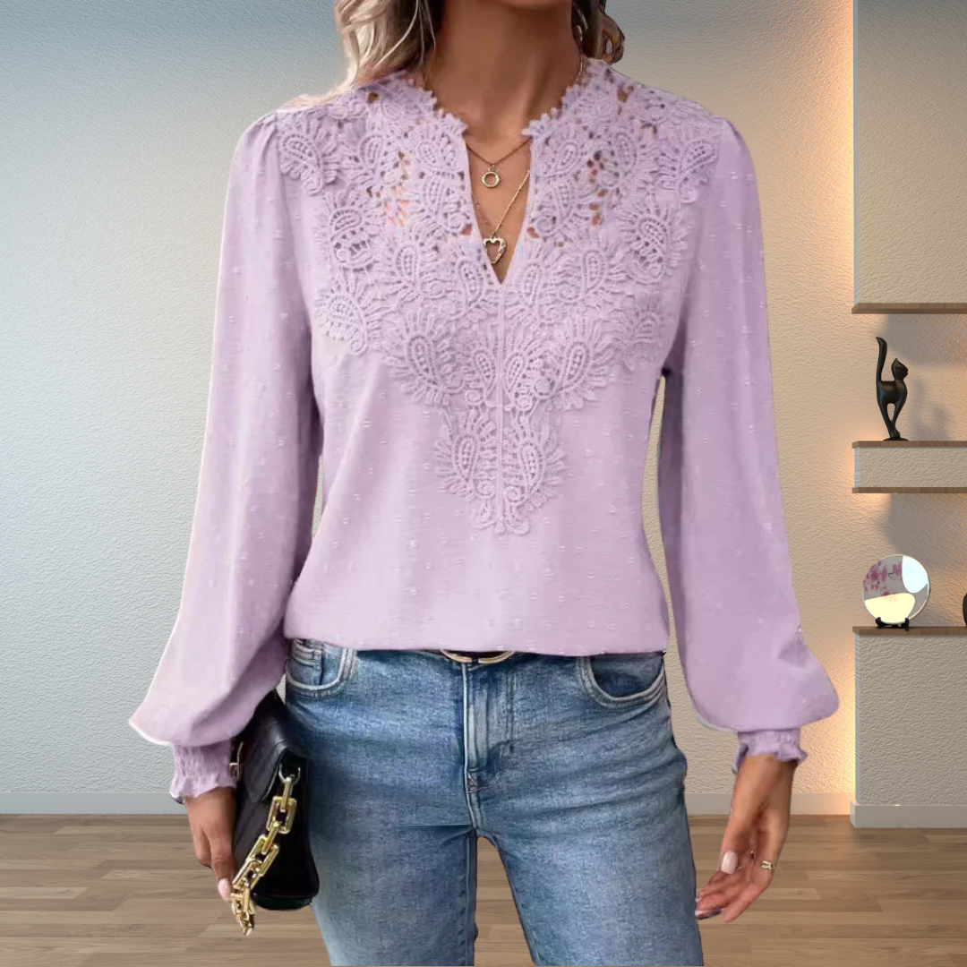 Lace Yoke Balloon Sleeve V Neck Blouse