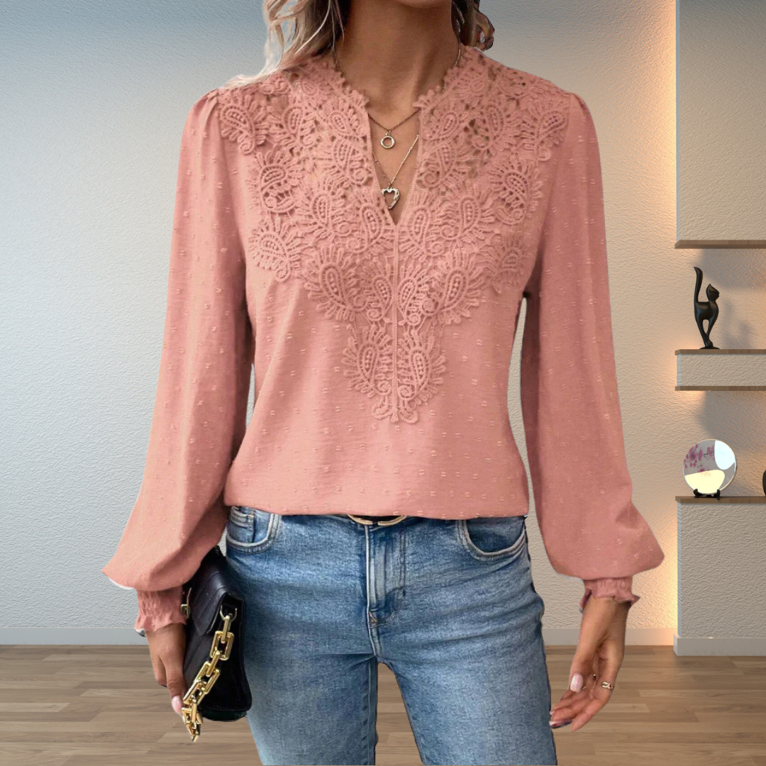 Lace Yoke Balloon Sleeve V Neck Blouse