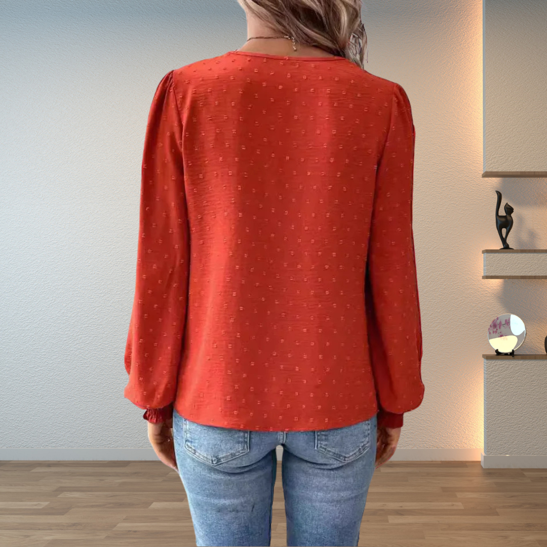 Lace Yoke Balloon Sleeve V Neck Blouse