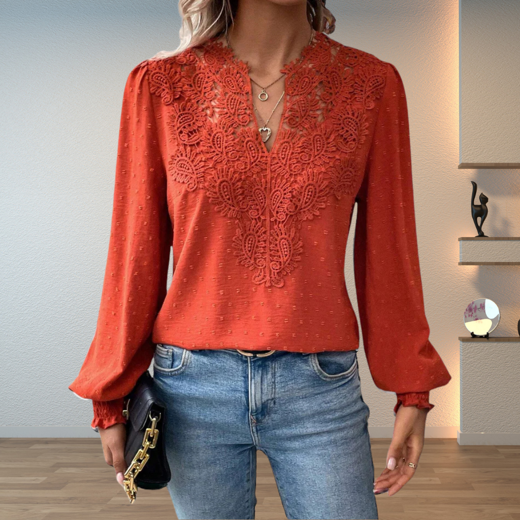Lace Yoke Balloon Sleeve V Neck Blouse
