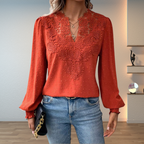 Lace Yoke Balloon Sleeve V Neck Blouse