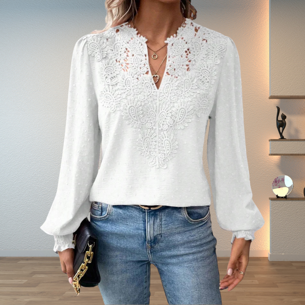 Lace Yoke Balloon Sleeve V Neck Blouse
