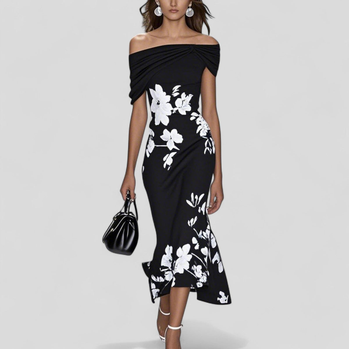 Off Shoulder Floral Print Midi Dress