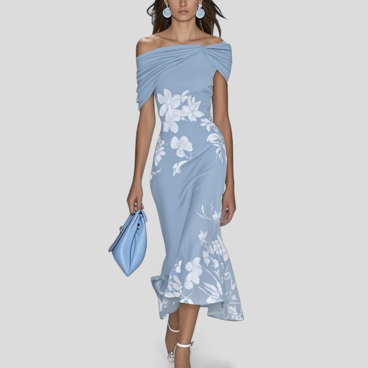 Off Shoulder Floral Print Midi Dress