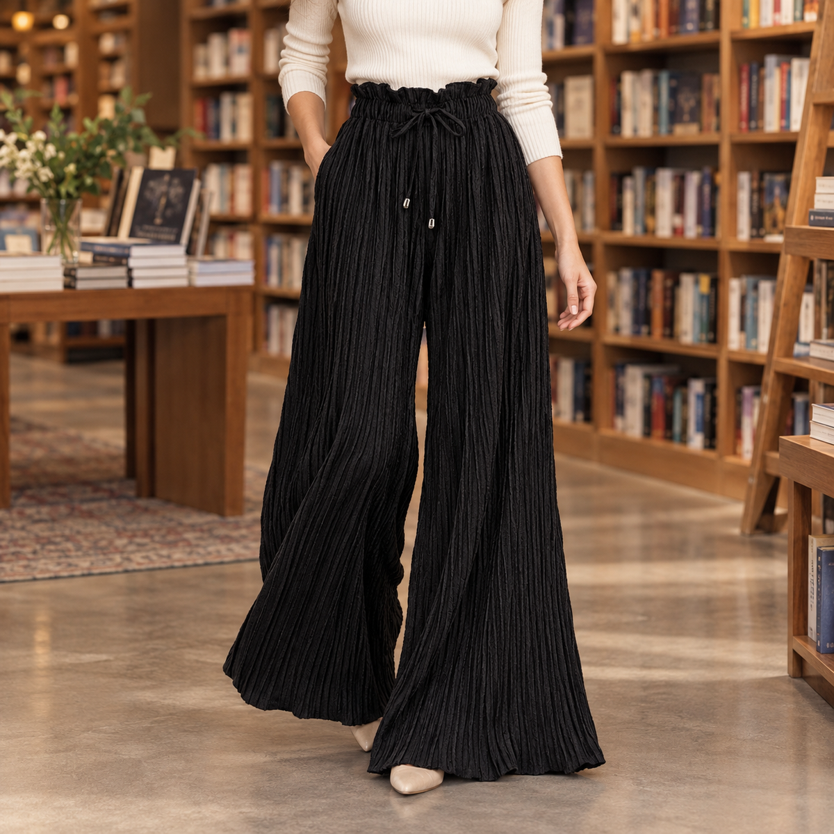 Pleated Wide Leg Paperbag Waist Pants