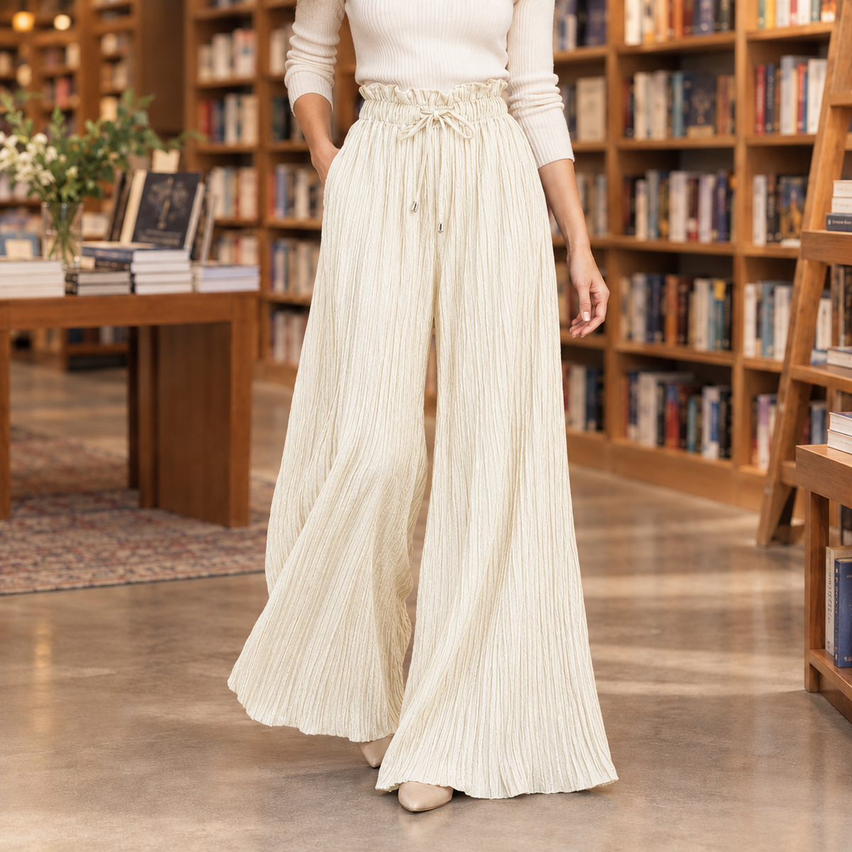 Pleated Wide Leg Paperbag Waist Pants