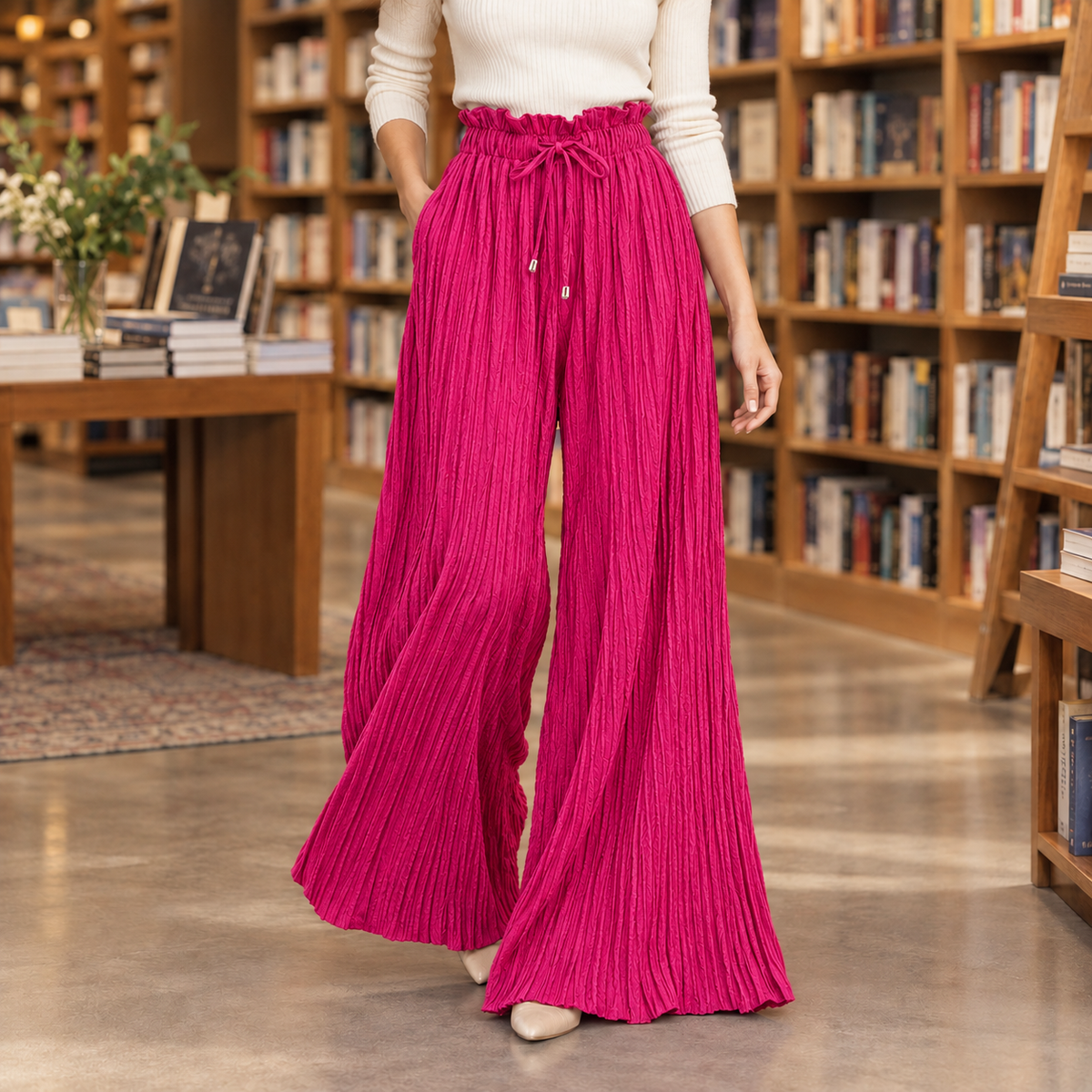 Pleated Wide Leg Paperbag Waist Pants