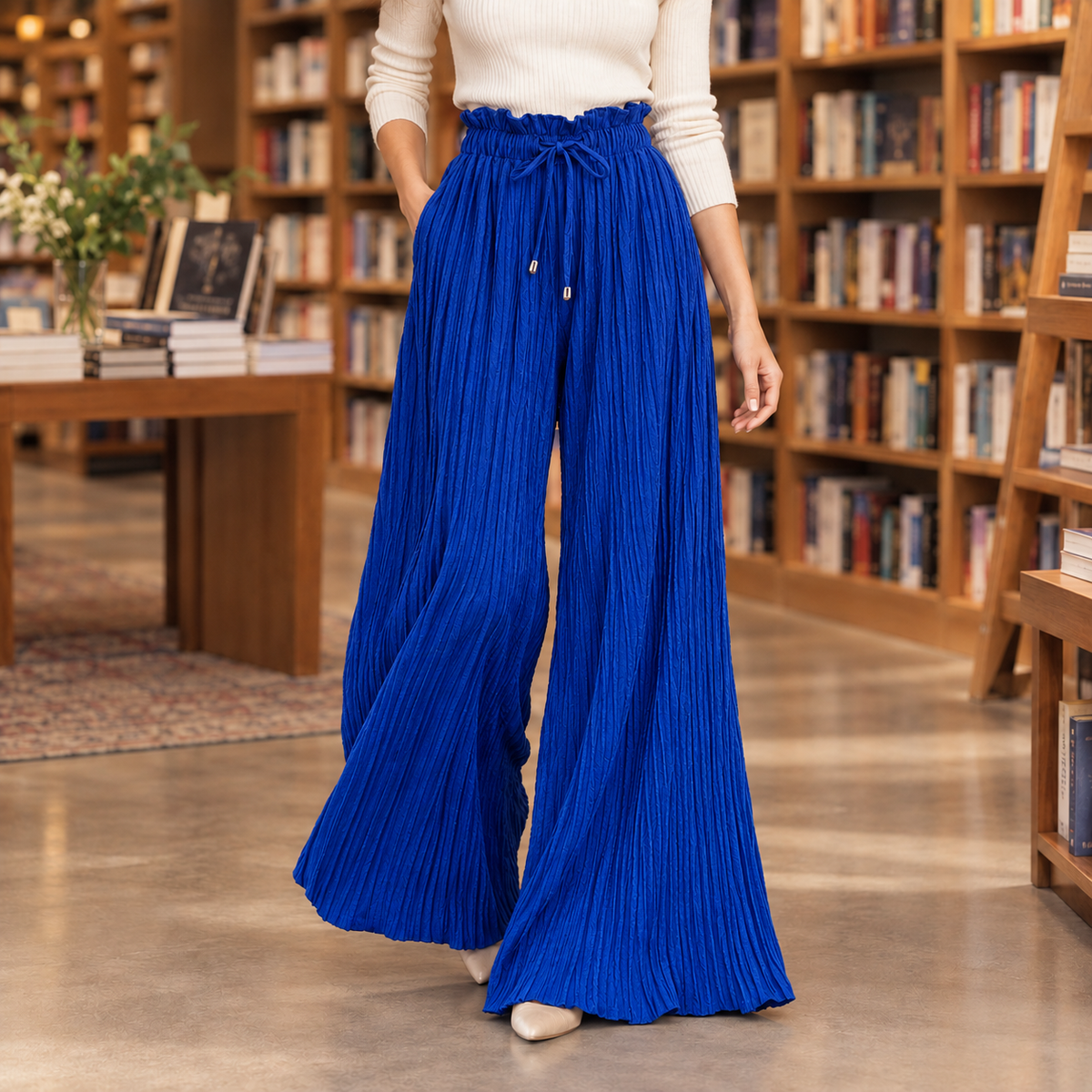 Pleated Wide Leg Paperbag Waist Pants