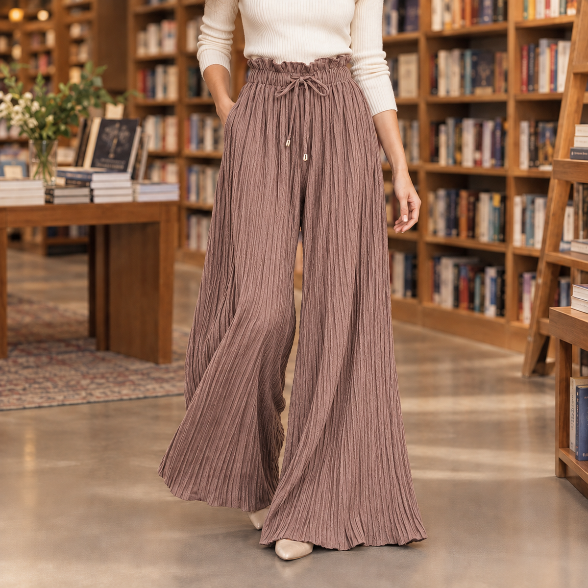 Pleated Wide Leg Paperbag Waist Pants