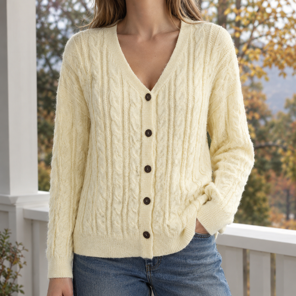 Relaxed Cable Knit V Neck Cardigan