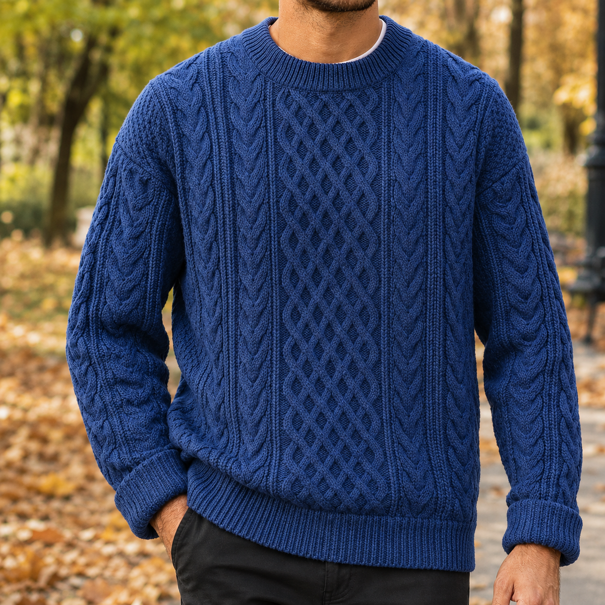 Relaxed Fit Cable Knit Crew Neck Sweater