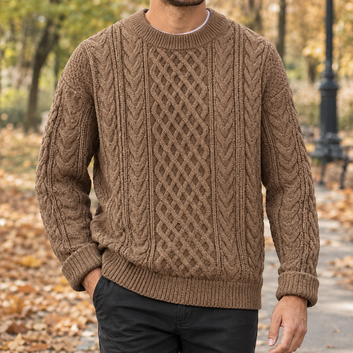 Relaxed Fit Cable Knit Crew Neck Sweater