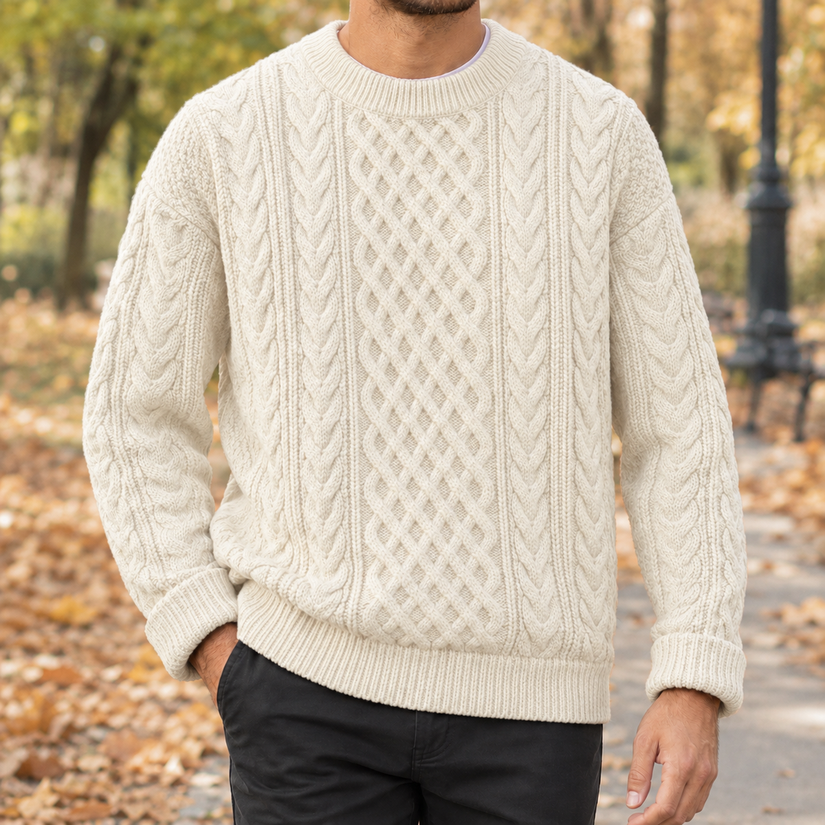 Relaxed Fit Cable Knit Crew Neck Sweater
