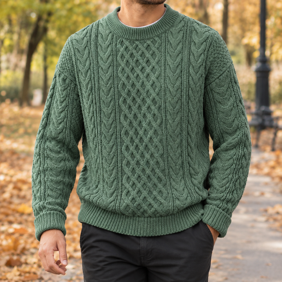 Relaxed Fit Cable Knit Crew Neck Sweater