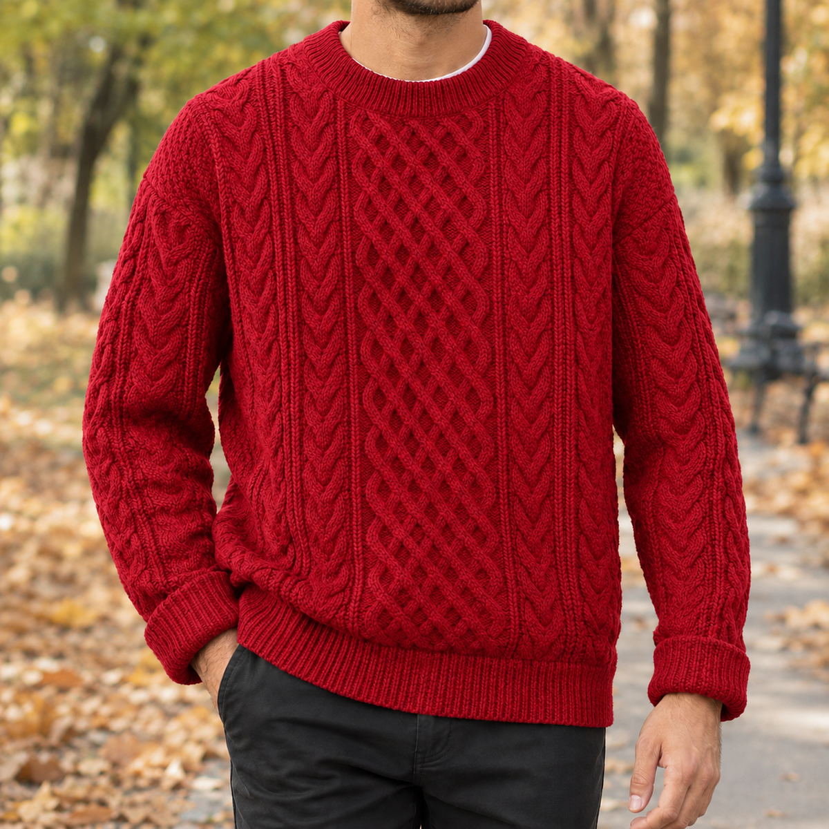 Relaxed Fit Cable Knit Crew Neck Sweater