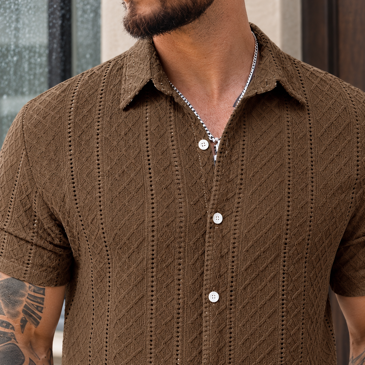 Relaxed Fit Openwork Short Sleeve Shirt