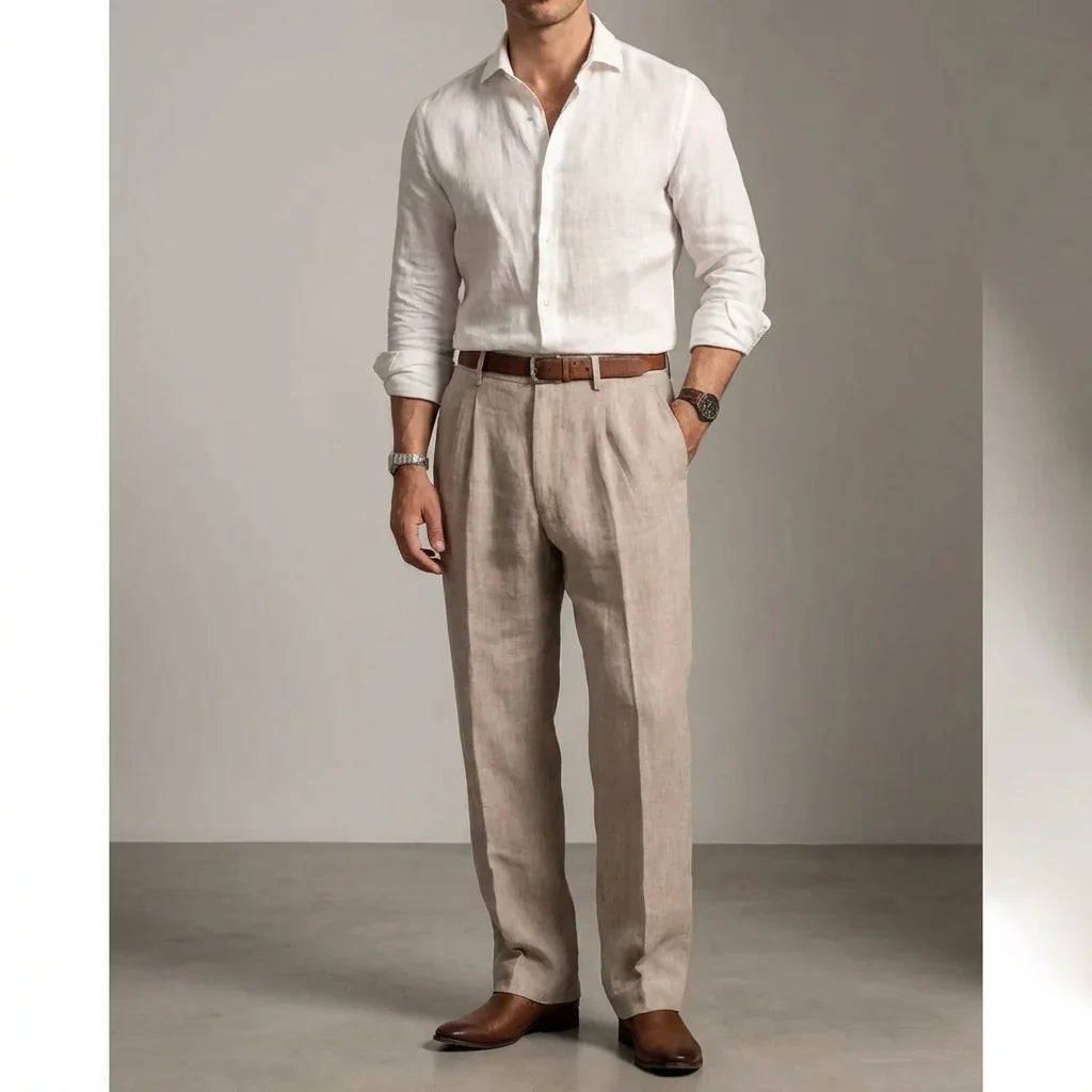 Relaxed Fit Pleated Linen Pants