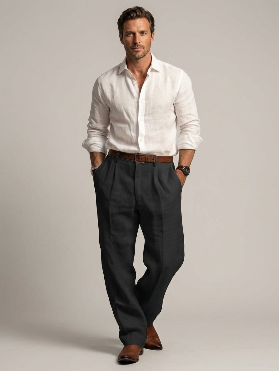 Relaxed Fit Pleated Linen Pants