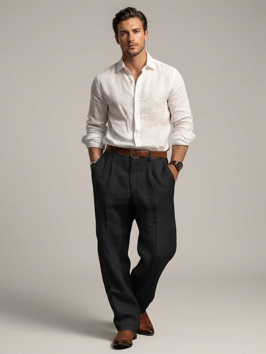 Relaxed Fit Pleated Linen Pants