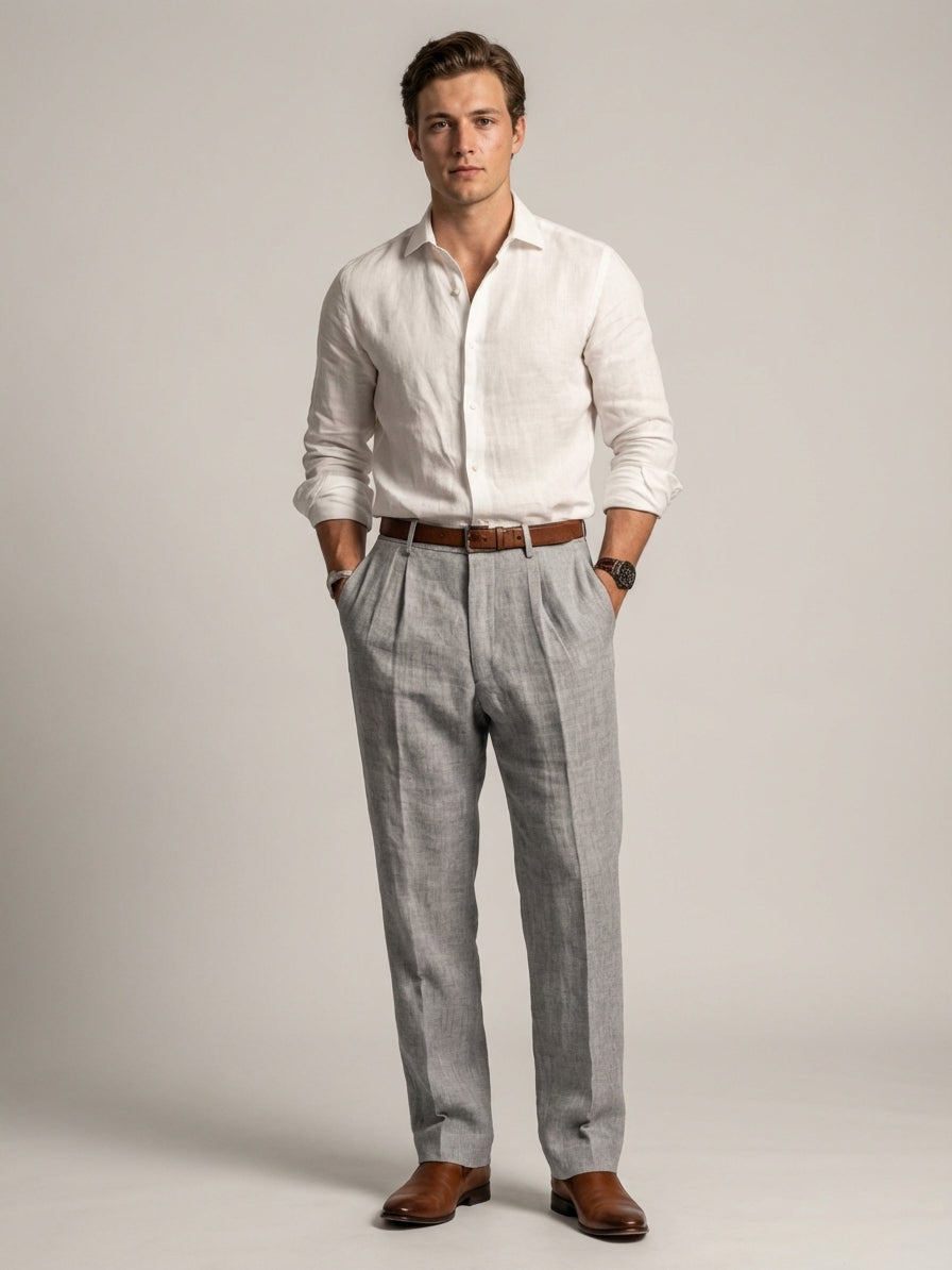 Relaxed Fit Pleated Linen Pants